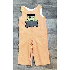 StellyBelly Overalls Baby 6 Month Orange Check Romper Fall Halloween Embroidered